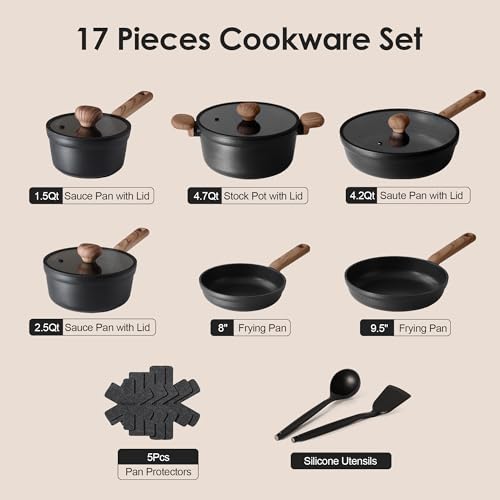 SENSARTE Nonstick Pots and Pans Set, 17pcs Black Cookware Set - color: Matte Black