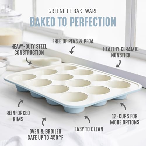 GreenLife 12 Cup Ceramic Nonstick Muffin Pan, Blue Haze - color: Blue Haze, size: 12 Cup Muffin Pan