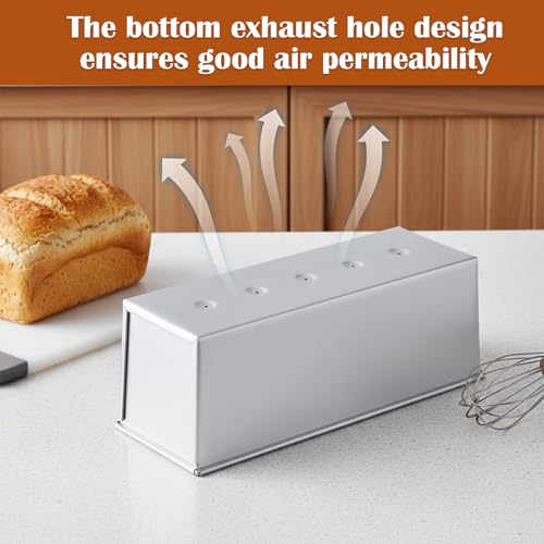 2 Pcs Pullman Loaf Pan with Lid, 13x4 Inch 2lb Dough Capacity Non-Stick Bread Baking Pan for Sandwich Bread, Toast, Sourdough and Homemade Baking, Silver