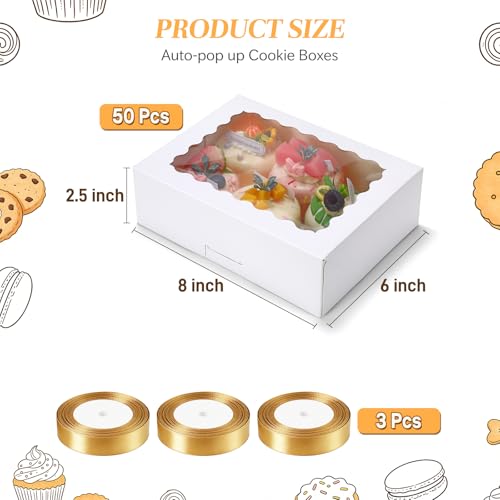 COTOPHER 50pcs Cookie Boxes with Window, 8x6x2.5in Auto-Popup Bakery Box - color: White, size: 8x6x2.5inch