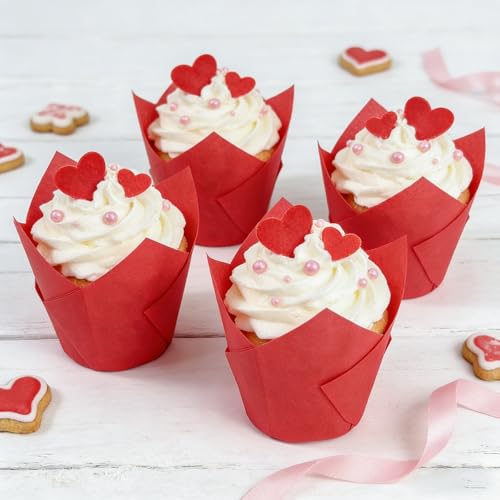 Valentine's Day 250Pcs Tulip Cupcake Liners,Parchment Paper Cupcake Liner - color: Red