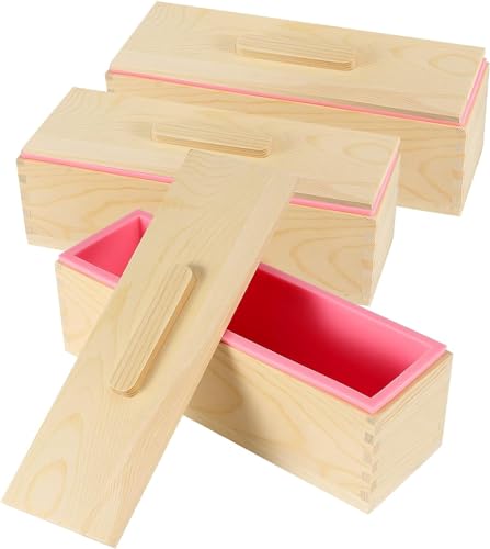 3PCS 47oz Silicone Soap Kit, Pink Rectangular Silicone Loaf Soap Making with 3 Wooden Boxes and 3 Lids, DIY Supplies for Soap Making - color: Pink