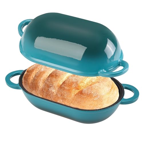 5 QT Enameled Cast Iron Sourdough Bread Oven, Loaf Pan with Lid - color: BlueGreen, size: 5 QT