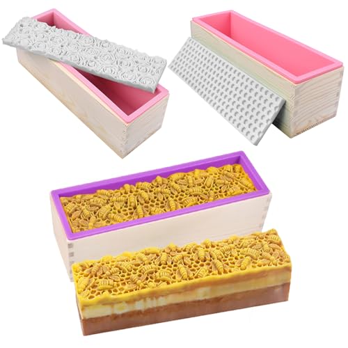 Loaf Soap Making Kit, 44oz Silicone Soap Making Liner Wood Box with Beehive & Hexagon & Rose Mat Creative Honeycomb Mat Mold for DIY Soap Making (Purple & Pink) (Purple Mold-Rose) - color: Purple Mold-Rose