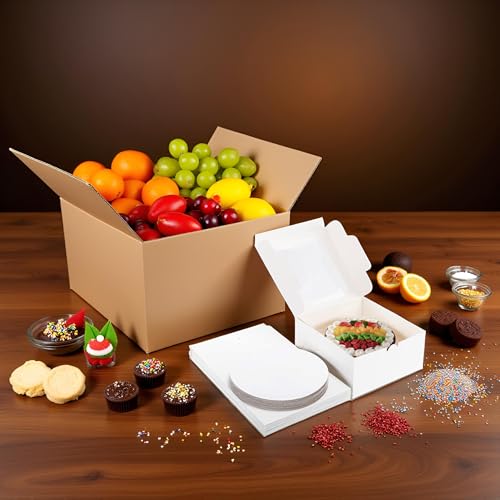 20Pack 8x8x5 Cake Boxes with Window & Cake Boards (10 Boxes + 10 Boards), White Elegant Container for Cakes, Cookies, Wedding, Birthday, Fathers Day, One-Piece Assembly - size: 8x8x5 inch