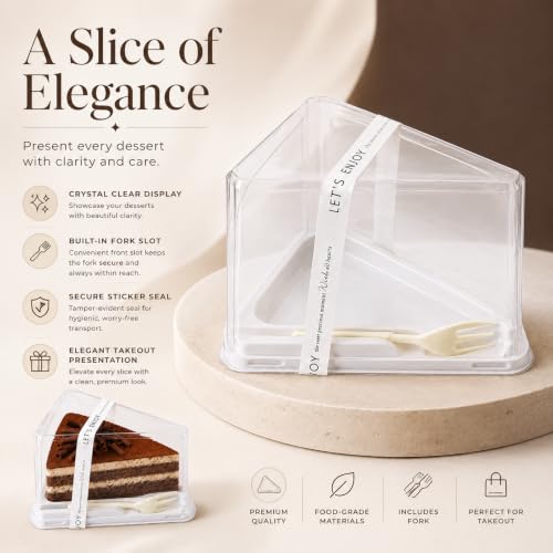 50 Pieces Cake Slice Plastic Containers with Disposable plastic fork and Stickers,5.7 Inches Hinged Lid Cheese cake Container,Cupcake containers,individual cupcake containers, Bakery and Cafe