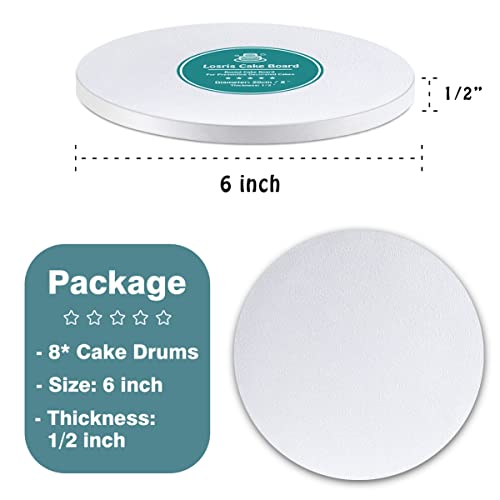 White Cake Drums Round 6 Inch Cake Boards with 1/2-Inch Thick Smooth Edges for Multi Tiered Birthday Wedding Party Cakes Drum Board - size: 6 Inch (8 PCS)