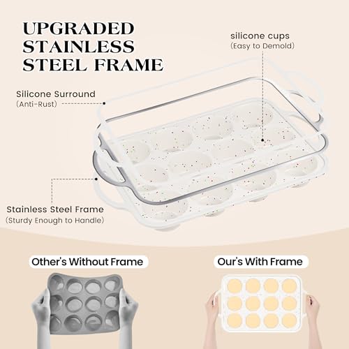6+12+24 Cups silicone muffin pan for baking with Metal Frame, 3 Pcs - color: Cream, size: Mini+Regular+Jumbo