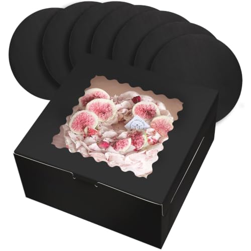 qiqee 10x10x5 Cake Box, 18 Sets Black Cake Box with Window ＆ 18 Sets 10" Black Cake Round Boards, 10inch Cake Containers - color: Black, size: 18 Sets /10x10x5