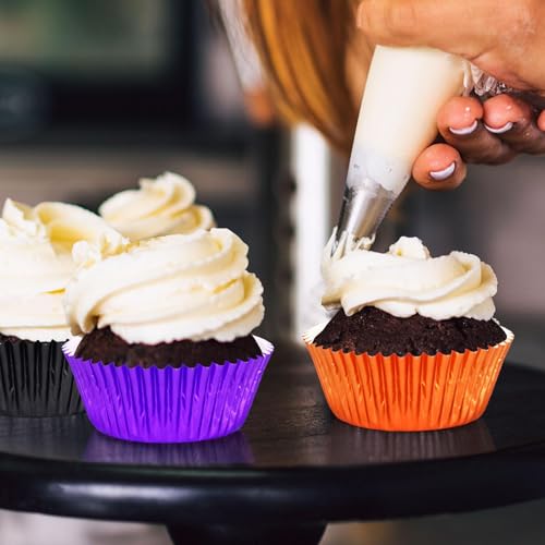 SANNIX 450Pcs Halloween Foil Cupcake Liners Muffin Liners Baking Cups - color: Black Purple Orange