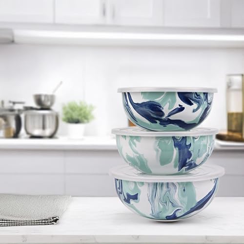 Golden Rabbit Enamelware Nested Mixing Bowls with Lids, Set of 3, Lagoon - color: Lagoon