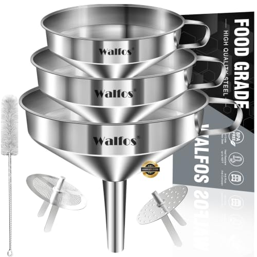 Stainless Steel Funnel, Walfos 3 Pack Kitchen Funnel with 2 Removable Strainer ＆ 1Pcs Cleaning Brush, Perfect for Transferring of Liquid, Oils, Jam, Dry Ingredients & Powder - color: 3pcs 5.7in+4.9in+4.1in Stainless Steel