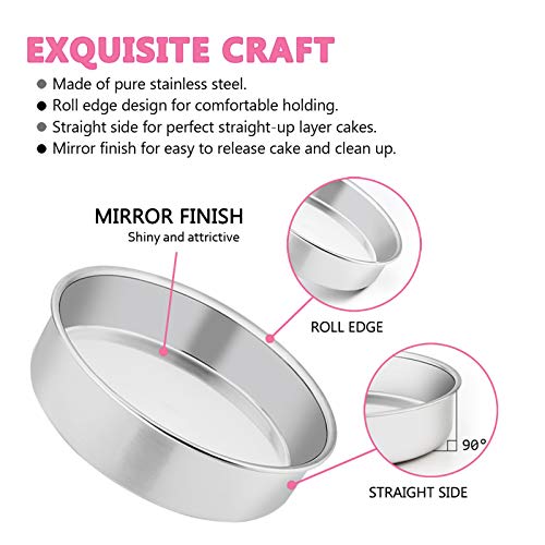 E-far 6 Inch Cake Pan Set of 3, Stainless Steel Round Smash Cake Baking Pans Tins, Non-Toxic & Healthy, Mirror Finish & Dishwasher Safe - size: 6 x 2 Inch