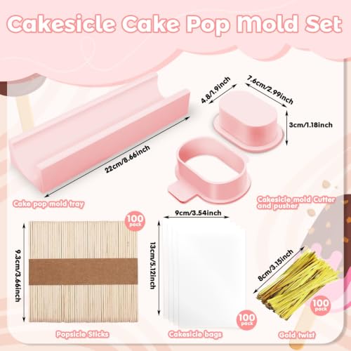 3 Inch Cakesicle Cutter and Cake Pop Mold Set with 8.7in Tray, 100 Wooden Sticks & 100 Bags, Silicone Cakesicle Mold for Homemade Cake Pops, Baking, Birthdays and Party Desserts (Pink) - color: Pink