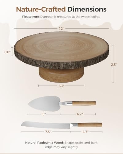 Wood Cake Stand, 12" Rotating Cake Stand with Cake Cutting Set