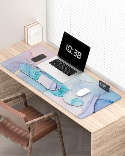 Large Mouse Pad with Wrist Rests for Keyboard & Mouse, Thick Soft Ergonomic Memory Foam Wrist Supports, Big & Long Desk Mat 35.5 x 15.7 in, for Office Gaming Computer, Blue Pink Marble - color: Ink Teal Blue Pink Marble