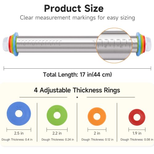 Vakoo Rolling Pin with Thickness Rings for Baking - color: Silver