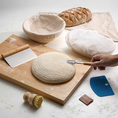 Kook Banneton Bread Proofing Set, Artisan Sourdough Bread Making Kit with Round & Oval Rattan Baskets, Liners, Dough Scrapers, Scoring Lame + Blades, Brush & Dough Cover (Set of 2) - color: Oval & Round Deluxe Set