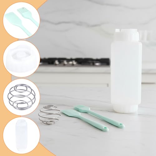 Pancake Batter Dispenser Bottle with Mixing Balls, Clear Measuring Squeeze Container, Leakproof Cap,Batter Mixer Tool for Waffles, Crepes, Cupcakes with Spatula and Brush - Rounded