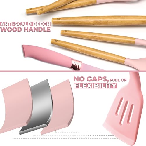 19 PCS Pink Silicone Cooking Utensils Set with Wooden Handle & Knife Set Block, Heat-Resistant Spatula, Spoon, Ladle, Whisk with Holder – BPA Free, Silicone Kitchen Utensil Set for Cooking & Baking - color: Pink