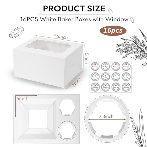 JCD 16 Packs Bento Cake and Cupcake Clear Lid with 2 Cupcake Holes - Cake and Cupcakes Boxes - Pastry Sweets Bento Box with Cupcake Insert for Family Birthday Party Mother's day(1+2/16Pcs) - size: White 1+2/16Pcs
