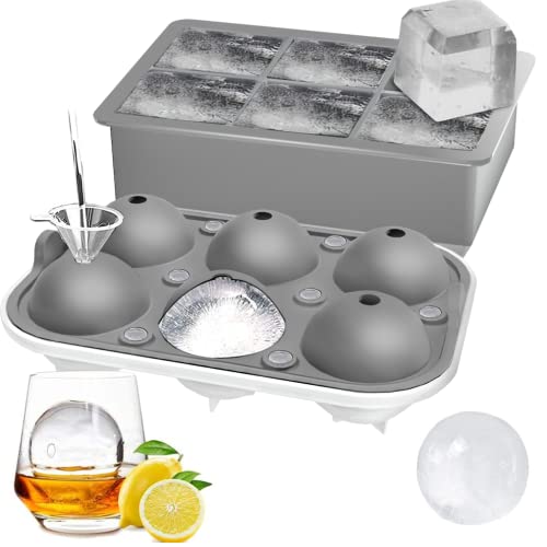 2 Pack Ice Cube Tray, 2" Sphere Ice Ball Mold with Lid & Large Square Maker - color: Gray