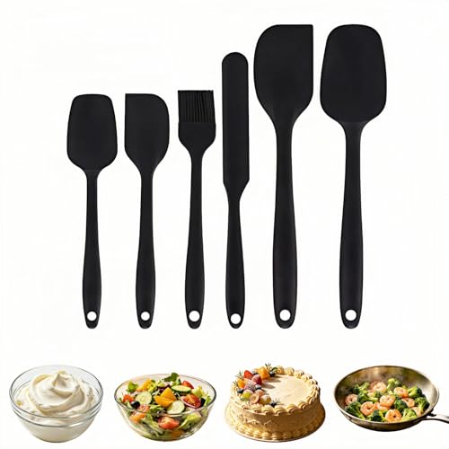 6-Piece Silicone Spatula Set, Heat Resistant Up to 230°C, Non-Scratch Non-Stick Cookware, Seamless One-Piece Design,with Pastry Brush for Baking Cooking Mixing (Black) - color: Black