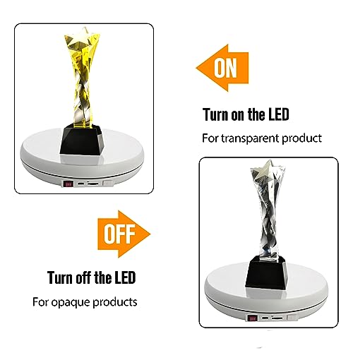 JAYEGT Multicolor LED Light Motorized Rotating Display Stand , 10 inch /55lbs Load, 360° Electronic Photography Turntable for Product Shows, Jewelry, Crystal Art (White / 5 Colors Light / Rechargeable) - color: White