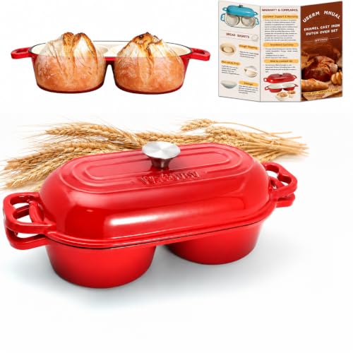 DIY Double Dutch Oven for Sourdough Bread Baking – Enamel Cast Iron Bread Baker with Lid, Bake Two Different Loaves at Once, 500°F Oven Safe, Includes 2×10" Banneton Proofing Baskets - color: Bright Red