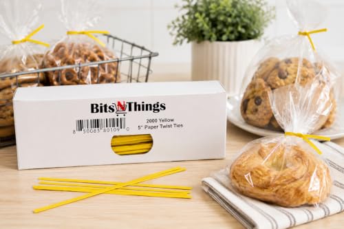5 Inch Yellow Twist Ties - 2000 Count | Paper Coated Wire Bag Ties | Bread Bags, Bakery, Candy, Coffee & Food Packaging | Dispenser Box | Bits N Things - color: Yellow, size: 5 Inch - 2000 Count