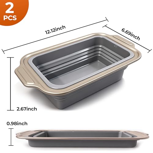 2-Pack Collapsible Silicone Bread Pans with Reinforced Rim & Oven Mitts - Space Saving Loaf Pans for Baking - Easy Release Nonstick Foldable Mold for Meatloaf, BPA Free