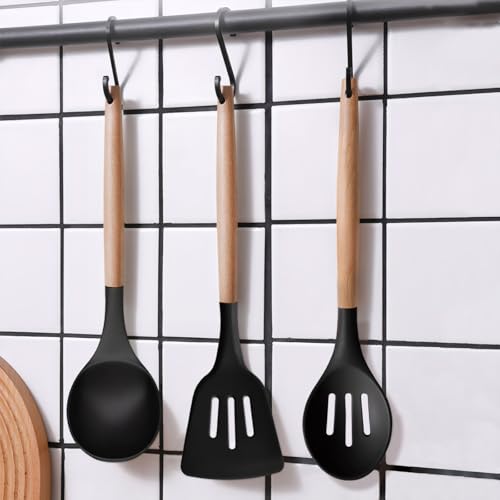 Silicone Kitchen Utensils Set of 6, Cooking Utensils Set with Heat Resistant Wooden Handle, Nonstick Silicone Spatula Spoon Turner Ladle, Cooking Kitchen Gadget for Cookware & Baking BPA FREE - color: Black, size: Standard 6-Piece Set