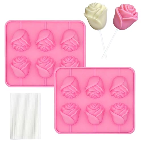 6-Cavity 3D Rose Lollipop Silicone Molds with Sticks Pink Chocolate Candy Molds for Valentine's Day Mother's Day Cupcake Decor Jelly Soap Making
