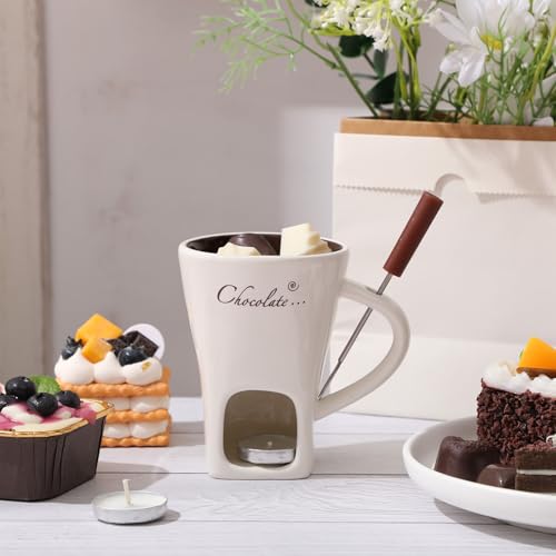 Honeydak 2 Set Chocolate Fondue Mug with Fork ＆ Candle, White - color: White