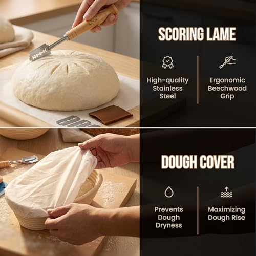 Kook Banneton Bread Proofing Set, Artisan Sourdough Bread Making Kit with Round & Oval Rattan Baskets, Liners, Dough Scrapers, Scoring Lame + Blades, Brush & Dough Cover (Set of 2) - color: Oval & Round Deluxe Set