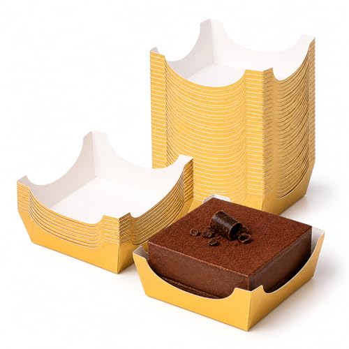 100 Pcs Square Cupcake Liners, Gold Paper Baking Cups for Muffin, Disposable Dessert Mousse Tray, Brownie Pastry Wrappers for Party Wedding