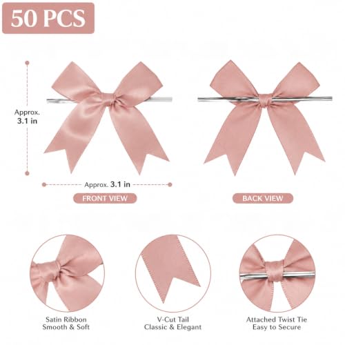 50 Pcs Twist Tie Bows for Treat Bags and Gift Wrapping, Dusty Pink - color: Dusty Pink