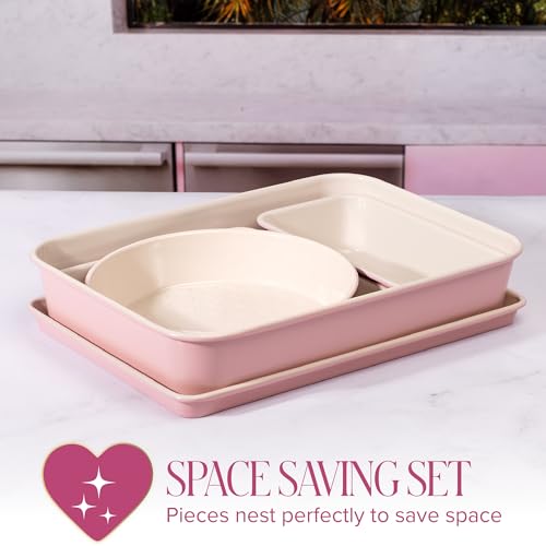 Paris Hilton 5-Piece Baking Pans Set, Nonstick Heart Pattern Bakeware Set with Heavy Duty Carbon Steel, Includes Square Pan, Round Pan, Loaf Pan, Roasting Pan & Cookie Sheet, 5-Piece, Pink - size: 5-Piece