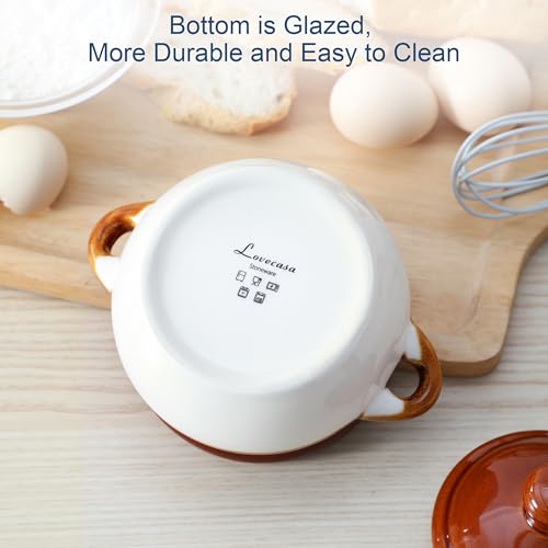 LOVECASA 22 OZ French Onion Soup Bowls with Lid, Porcelain Soup Crocks with Handles,Oven Safe Serving Bowls for Soup, Beef Stew, Cereal, Pot Pies, lasagna,Chilli,Set of 4