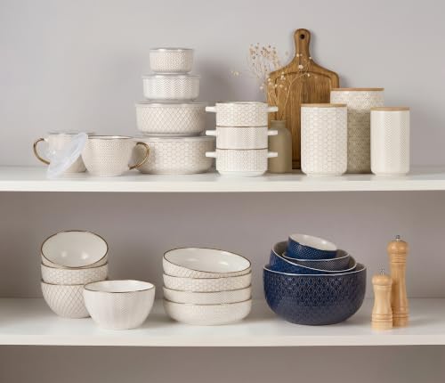 KooK Ceramic Nesting Bowls, Embossed, Oven Safe, Set of 4, Midnight Blue - color: Midnight Blue