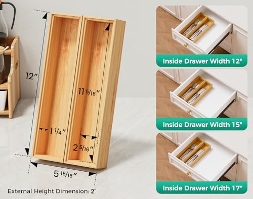 Bamboo Kitchen Drawer Organizer Boxes 12" x 3" Stackable Wooden Organizers - size: 12" x 3" x 2"