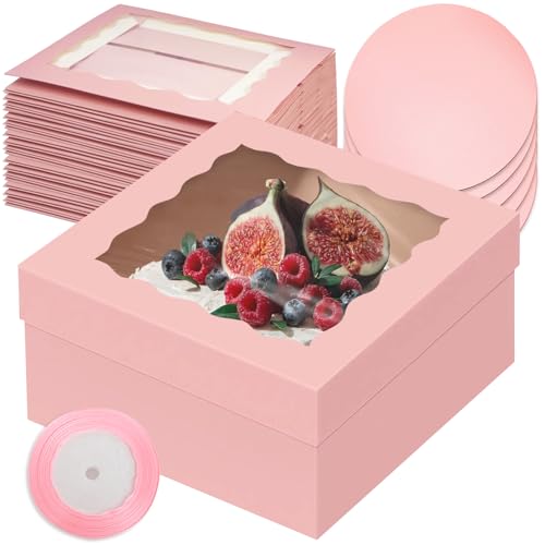 qiqee 12x12x6 Cake Box, 18 Sets Pink Cake Box with Window ＆ 18 Sets 8" Cake Round Boards, 8inch Cake Containers, 10 Meters Silk Ribbon - color: Pink, size: 18 Sets /12x12x6