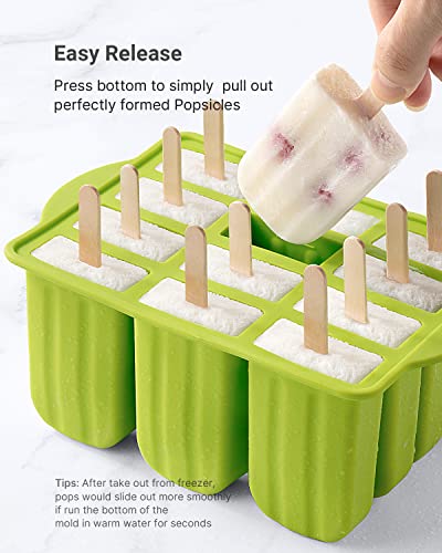 Popsicles Molds, MEETRUE 12 Pieces Silicone Popsicle Molds Easy-Release BPA-free Popsicle Maker Molds Ice Pop Molds Homemade Popsicle Ice Pop Maker with 50PCS Popsicle Sticks+Cleaning Brush - color: 12 Cavities-Green