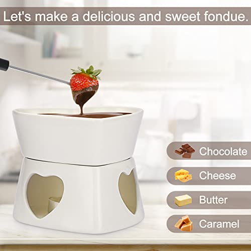 BSTKEY White Ceramic Butter Warmer Set, Heart Shaped Fondue Pot Melting Pot Set, Melt Hot Pot Bowl Set for Cheese Chocolate Butter Caramel, with 4 Forks - color: White