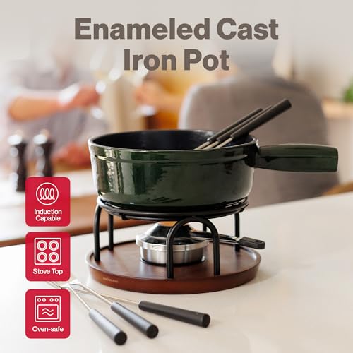 Swissmar Ticino Cast Iron Cheese Fondue Set, 9-Piece, 2 Liter, Green Color - color: Green
