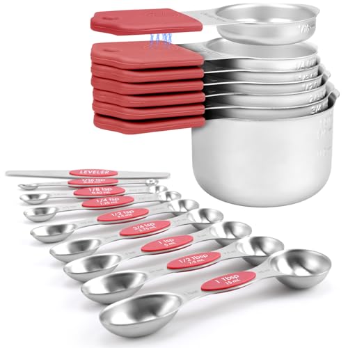 Magnetic Measuring Cups and Spoons Set-Heavy Duty 304 Stainless Steel - color: Red