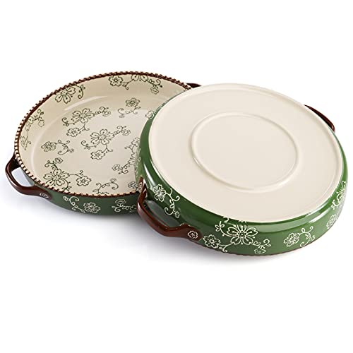 AVLA 2 Pack Ceramic Pie Pan, 9 Inch Round Baking Dish with Double Handle, 28 Ounce Deep Quiche Plates for Kitchen, Cooking, Roasting Lasagna (Sakura, Green) - color: Green