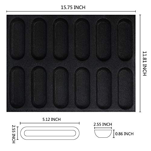 Silicone Hot Dog Bun Mold Mini Silicone Baguette Mould Non-Stick Baking Form Mini Sandwich Baking Molds Silicone Perforated Baking Forms(12Loaf,Black) - size: 12Loaf,Black