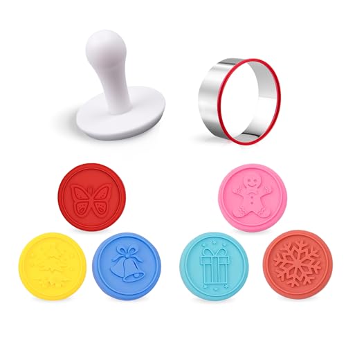 Cookie Stamps Set, Colorful Silicone Cookie Press, 6 PCS Stamps with Ring Cutter and Handle for Daily Baking