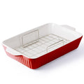 DOWAN 9x13'' Baking Dish with Handles Rack, Deep Casserole Pan & Stainless Steel Roasting Rack for Oven, Chicken & Meat Resting, Ceramic Lasagna Pan, Dishwasher & Microwave Oven Safe-Red - color: Red